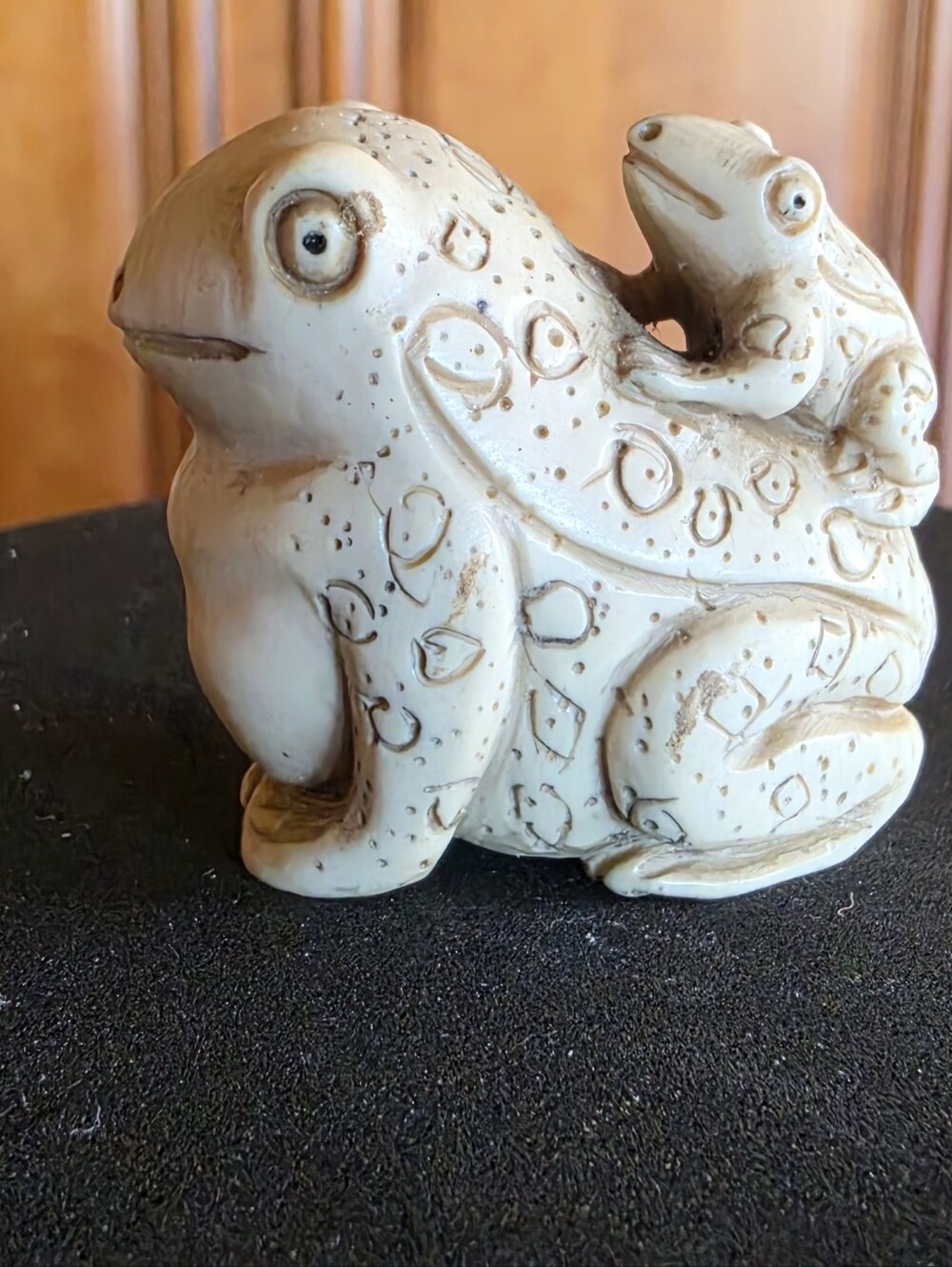 Netsuke Hand-Carved Figurine Baby Frog on Toad's Back - EUC Rare Collectible